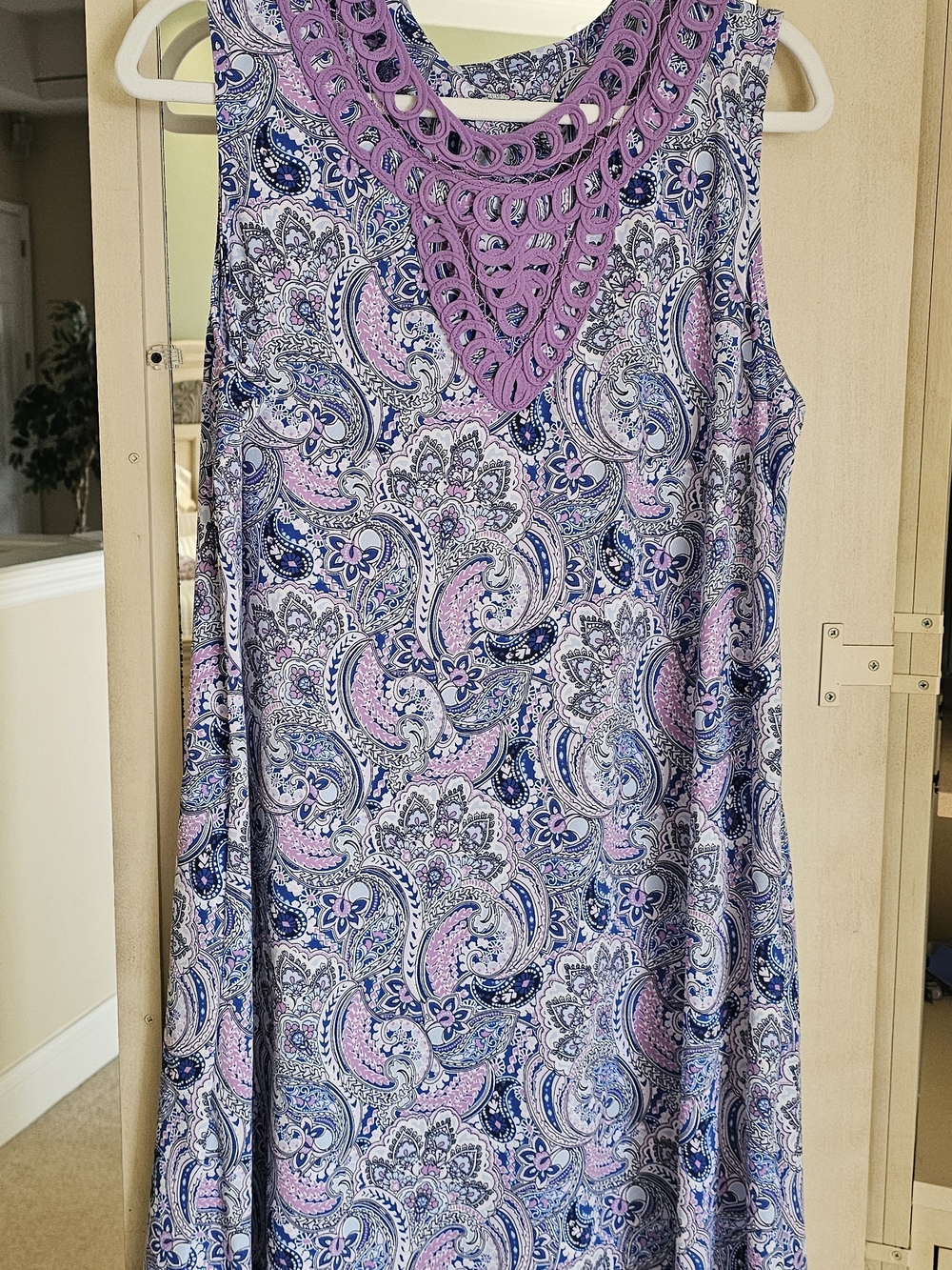 Kim Rogers Pink and Blue Paisley Crochet-Trim Midi Dress